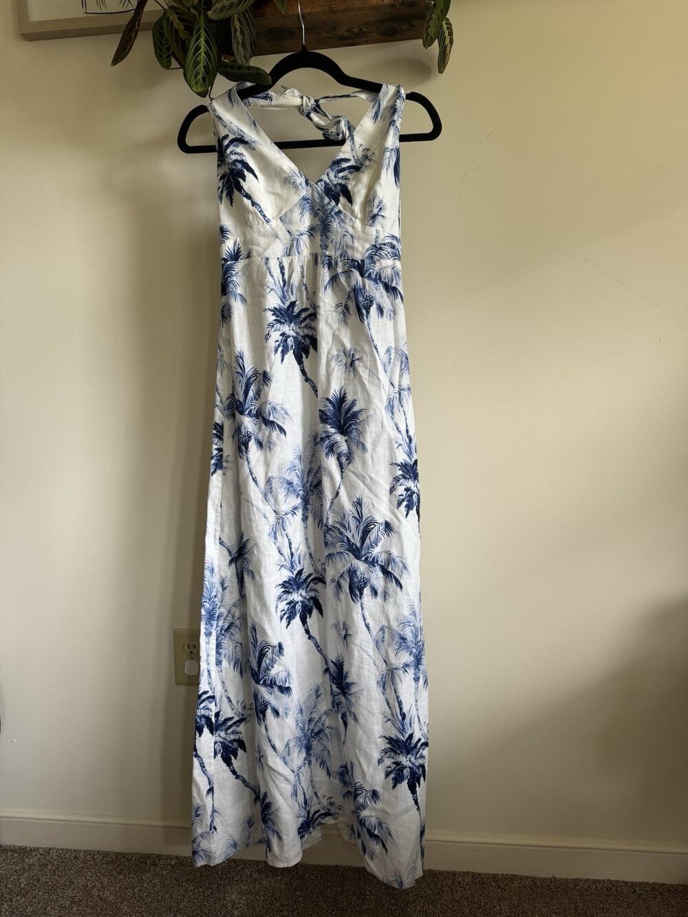 Tommy Bahama 100% Linen Palm Tree Maxi Dress XS Blue White Smocked Halter